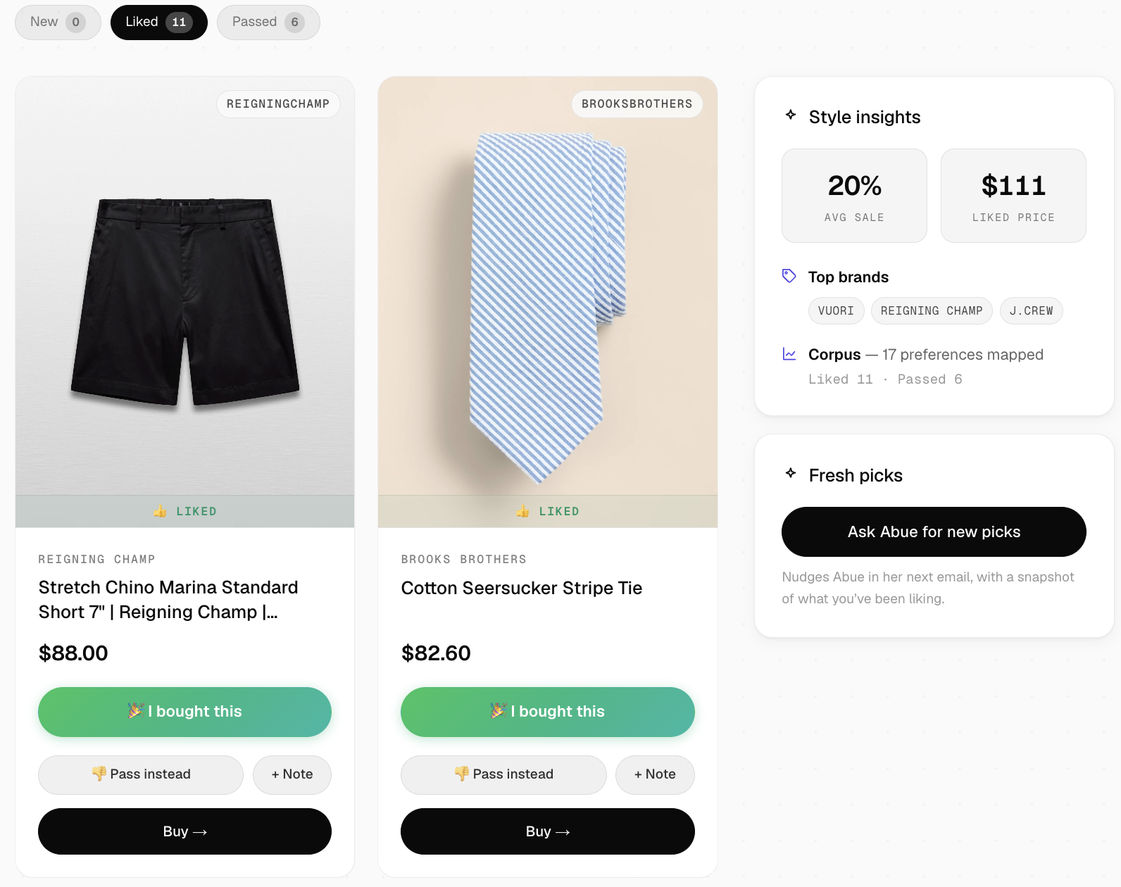 A closet with two liked product cards showing scraped images, prices, and brands, next to a Style insights panel with average discount, typical liked price, and top brands.